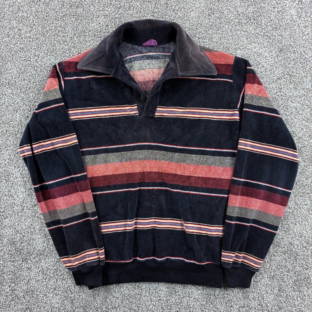 Vintage Esprit Velour Striped Polo Shirt Mens Small Long Sleeve Pullover Retro